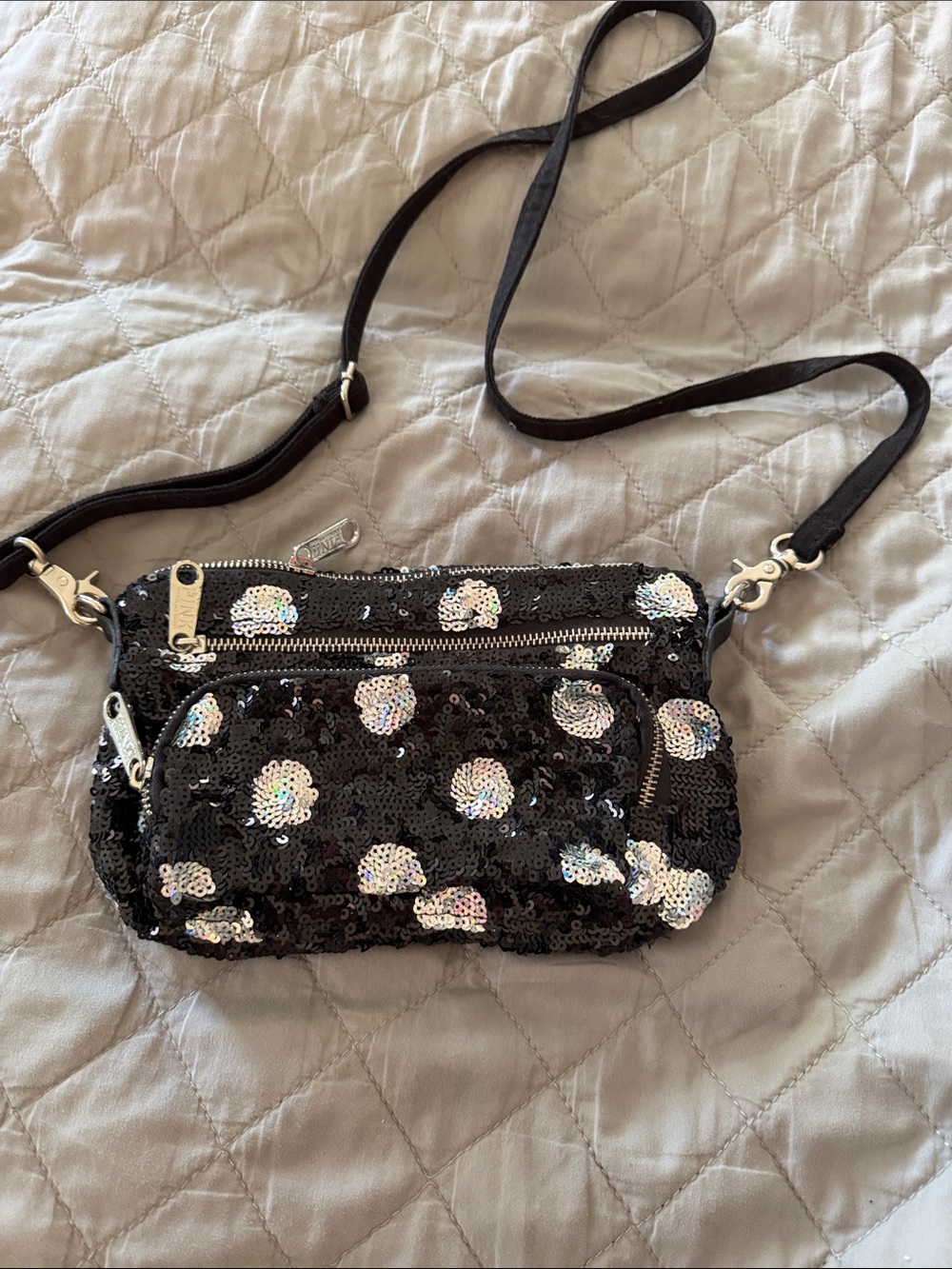 PINK Victoria's Secret Black Sequin Crossbody with Iridescent Dots